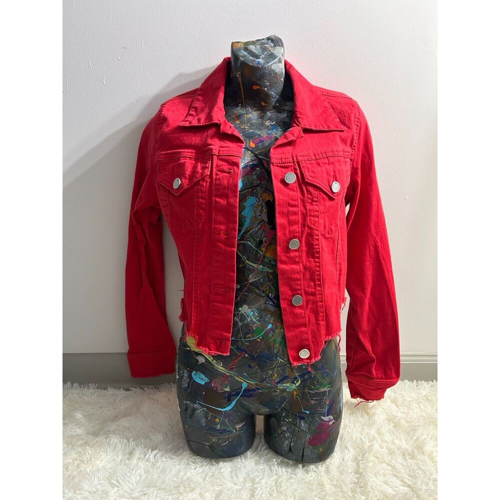 Black Label C'est Toi Womens Size S Red Cropped Denim Jacket Frayed Raw Hem